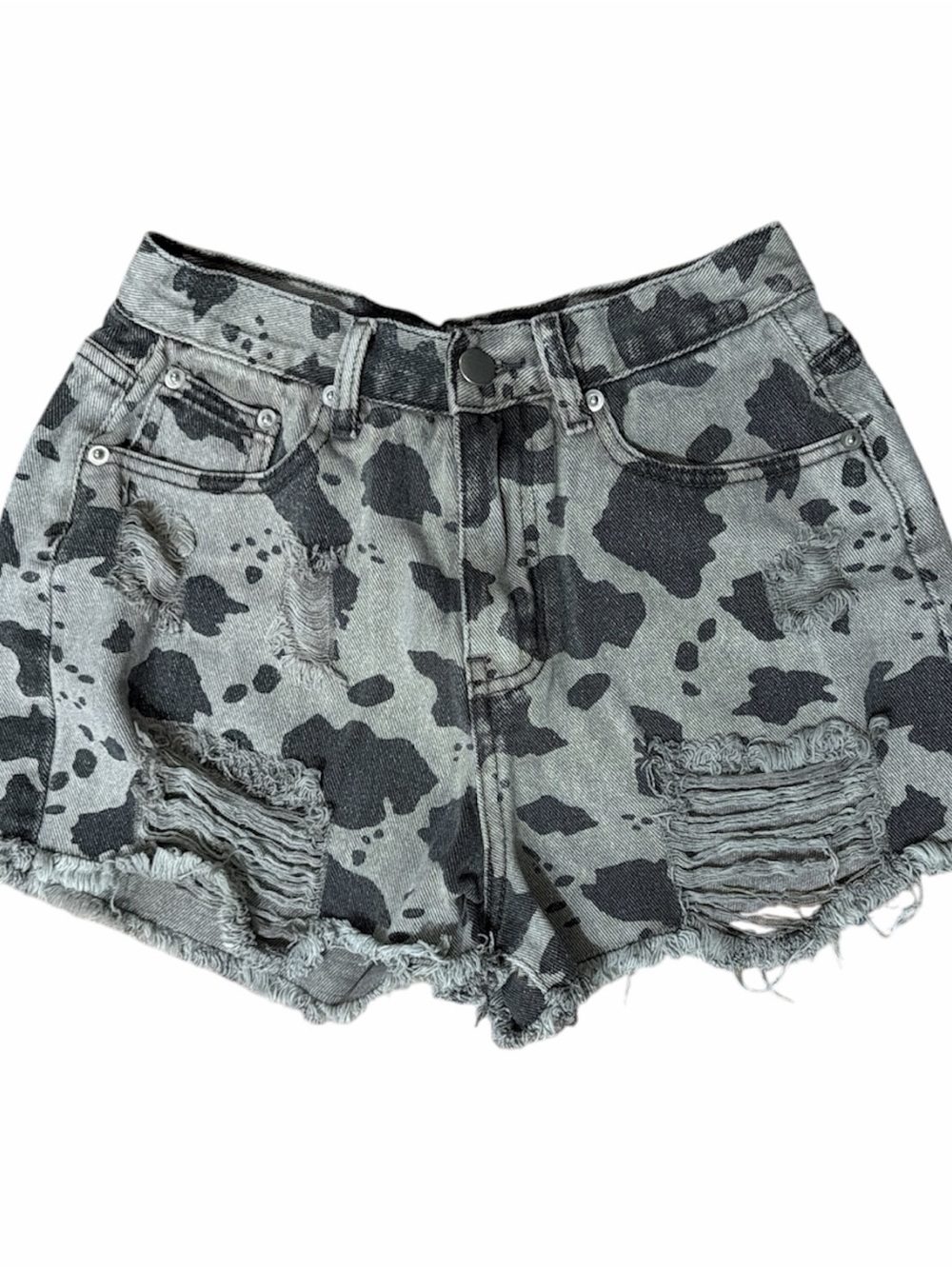POL Cowprint Distressed Denim Shorts - Gray/Black